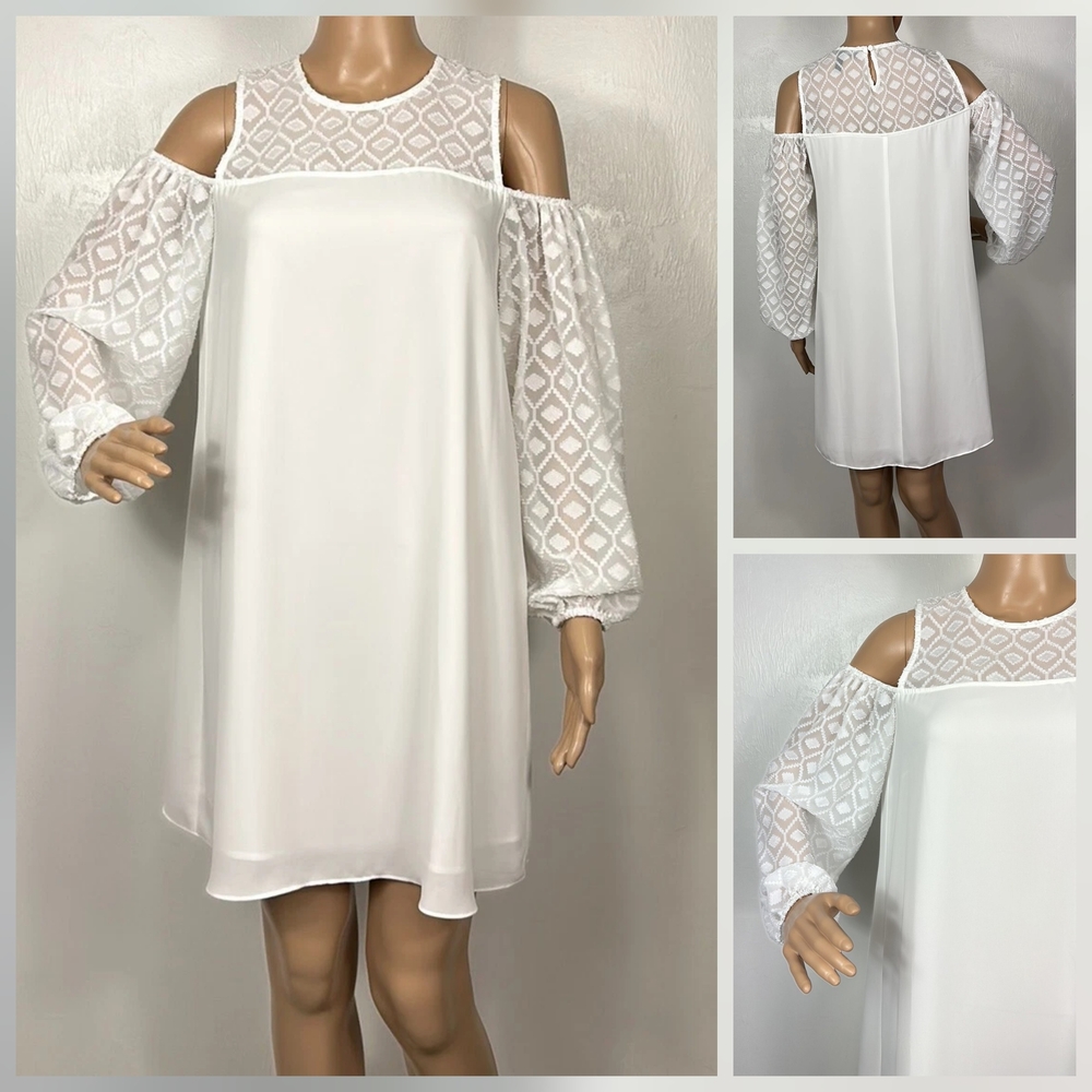 BCBGMaxAzria White Cold Shoulder Dress with Lace Sleeves